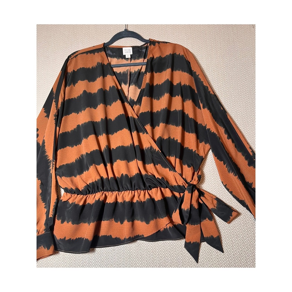 PEYTON JENSEN Women's‎ L Brown Black Tie Waist Wrap Blouse